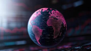 3D globe with financial charts indicating international data and trends. vibrant pink highlights photo