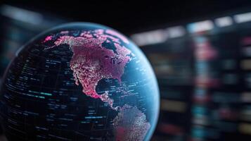3D globe displaying financial charts and data, symbolizing global finance and analytics photo