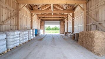 A barn with hay and bags of straw photo