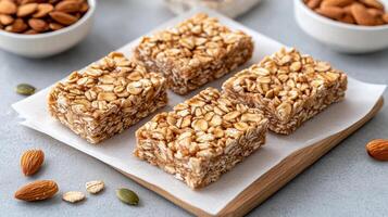 Four squares of oatmeal with almonds and nuts photo