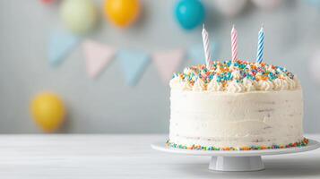 A birthday cake with three candles on it photo