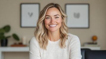 A woman smiling in front of a computer photo