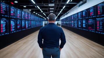 Man standing in front of a large display of stock market data photo