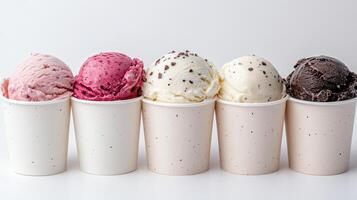 Five different flavors of ice cream in cups photo