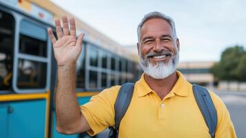 Smiling man waving goodbye to bus photo