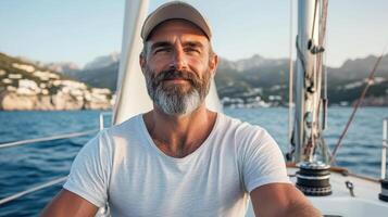 Sailing enthusiast enjoying sea breeze on sailboat, showcasing serene expression photo
