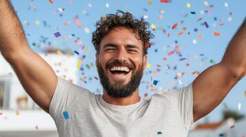 Happy man celebrating with confetti in air, expressing joy and excitement photo