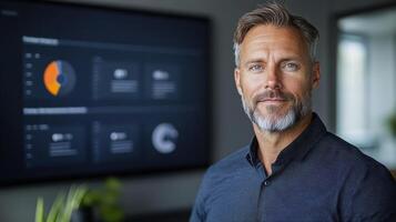 Professional man in front of digital dashboard displaying financial data and KPIs photo