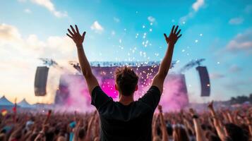 person enjoying music festival with hands raised, surrounded by vibrant crowd and colorful photo