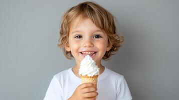 happy child enjoying delicious ice cream cone with big smile photo