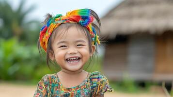 joyful child wearing colorful headband smiles brightly in natural setting photo