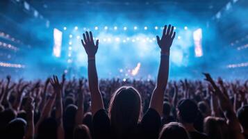 vibrant crowd at music festival, hands raised in excitement, creating electrifying atmosphere photo
