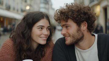 warm moment between two strangers sharing smile in charming street setting photo