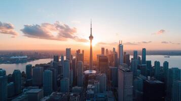 Aerial view of city skyline during golden hour, featuring skyscrapers and prominent tower photo