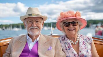 charming couple enjoys classic boat cruise, dressed elegantly for occasion photo