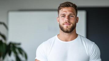 confident young man with beard wearing fitted white shirt, standing in modern office space photo