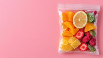 Fresh fruit in clear bag on pink background, showcasing vibrant colors and textures photo