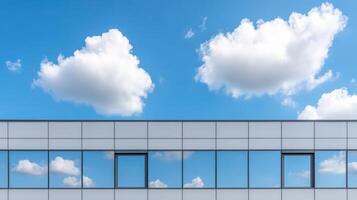 Modern building facade with reflective windows and blue sky photo