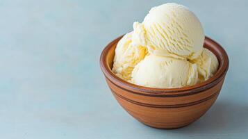 Creamy vanilla ice cream scoops in rustic bowl create delightful treat photo