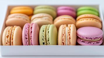 Delightful macarons in gift box, showcasing vibrant colors and flavors photo