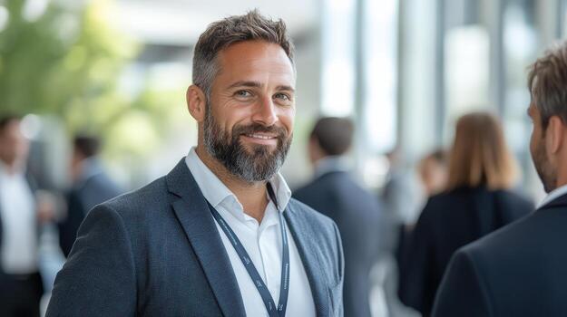 Professional man smiling at event, showcasing confidence and engagement in networking photo