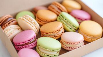 Delightful macarons in gift box, showcasing vibrant colors and textures photo