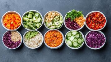 Colorful display of fresh vegetables and grains in bowls, showcasing healthy eating photo