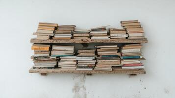 rustic bookshelf filled with well worn books, showcasing love for reading and knowledge photo