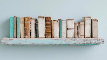 Old books rustic shelf create nostalgic atmosphere, showcasing their worn covers and unique photo