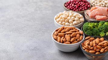 Healthy protein sources include nuts, seeds, and lean meats, arranged beautifully photo