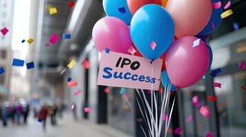 Colorful balloons celebrate IPO success with confetti falling in festive atmosphere photo