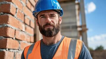 Construction worker wearing blue helmet and orange vest stands confidently near brick wall photo