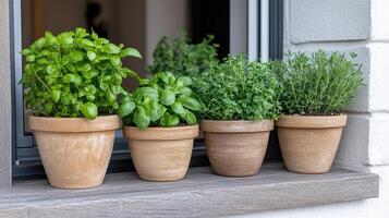 cozy home garden corner with herbs growing in pots on windowsill photo