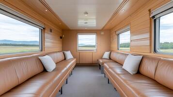 cozy train cabin with leather seats and wood paneling, offering serene view of nature photo