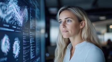 Innovative woman analyzing data on digital screen, showcasing technology and focus photo