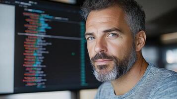 focused data scientist analyzing stock prediction models on computer screen photo