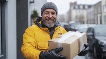 delivery person smiling while holding package in rain, showcasing warmth and friendliness photo