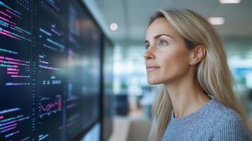 focused woman analyzes data on large screen in modern office environment photo