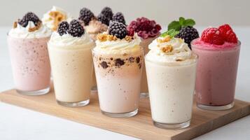 Delightful mini milkshake shooters in various flavors topped with whipped cream and berries photo