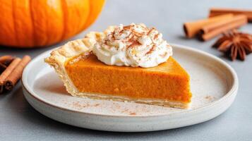 Delicious pumpkin pie slice topped with whipped cream and spices, perfect for autumn gatherings photo