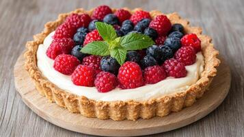 delicious berry tart featuring creamy filling topped with fresh raspberries and blueberries photo