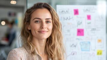Creative professional smiling in office environment with brainstorming notes in background photo