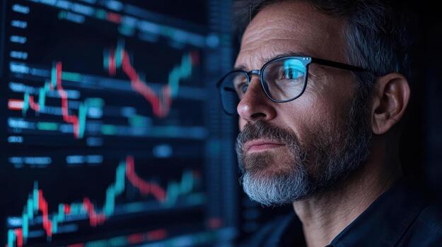 Man in glasses looking at stock market chart photo