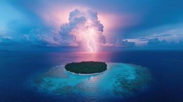 Lightning strikes over an island in the middle of the ocean photo