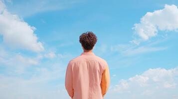 A man standing in front of a blue sky with clouds photo