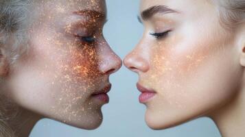 Two women with glowing skin and glowing eyes photo