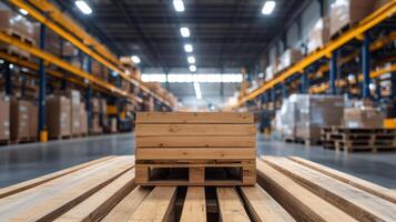 A wooden pallet sits on top of a wooden pallet rack photo