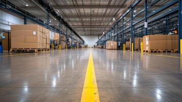 A warehouse with boxes and yellow lines photo