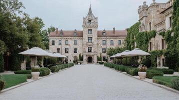 A courtyard with a large building in the background photo