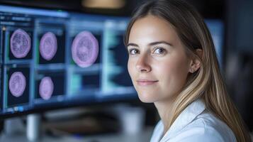 female researcher analyzes bioinformatics data computer screens, showcasing her focus photo